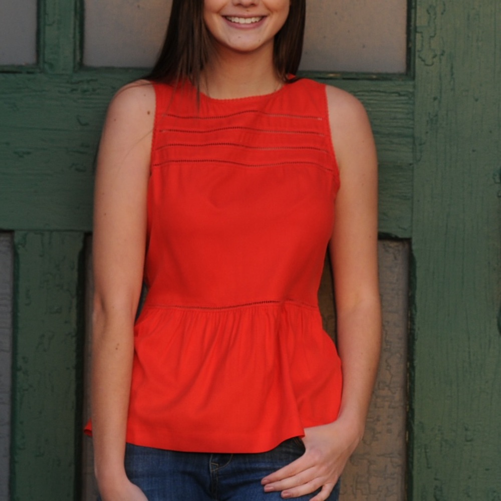 Madewell Red Silk Eyelet Peplum Top